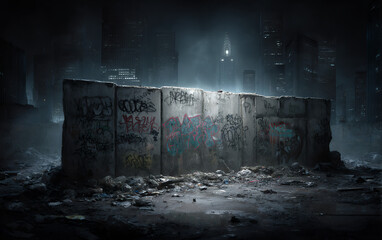 dark urban alley with graffiti covered concrete walls and littered ground in rainy weather showing signs of decay and neglect in industrial cityscape with distant skyline