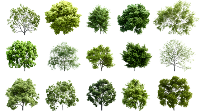 A set of trees rendered from a top view, 3D illustration, suitable for digital composition, illustration, 2D plans, and architecture visualization