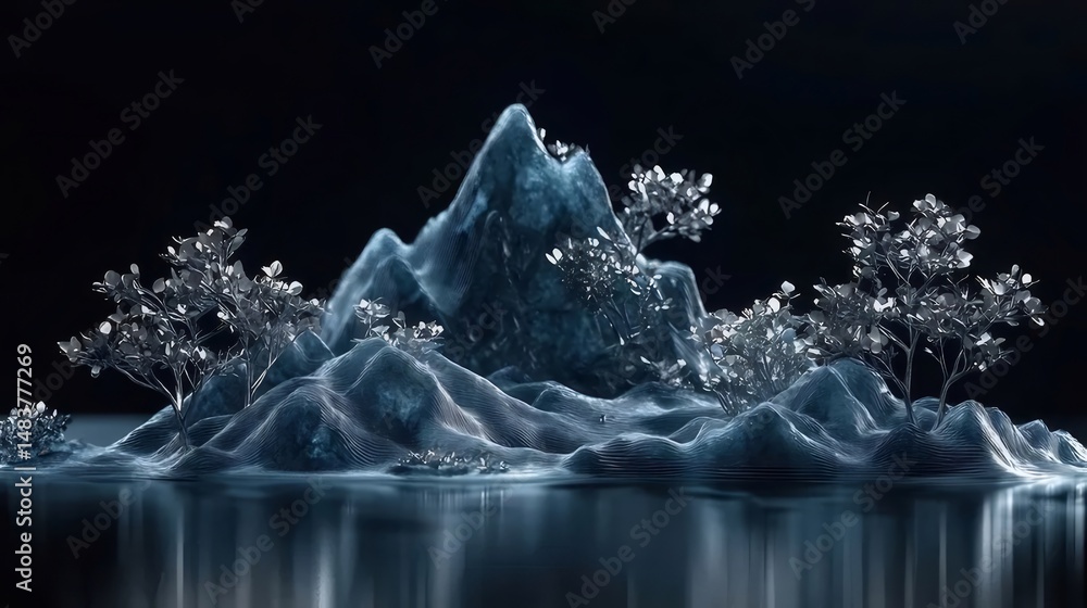 Aufkleber 暗い背景に氷山と木々が反射する穏やかな湖の風景 ミニチュアな氷と水の静寂 冬のシーン