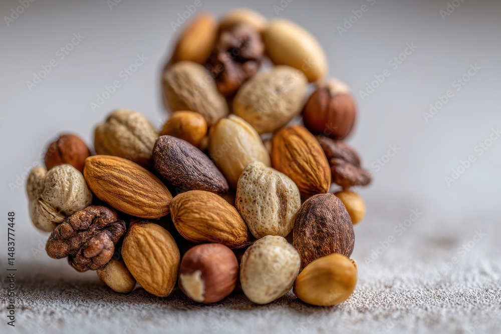 Poster heart-shaped arrangement of mixed nuts on a textured surface, showcasing various types and textures 
