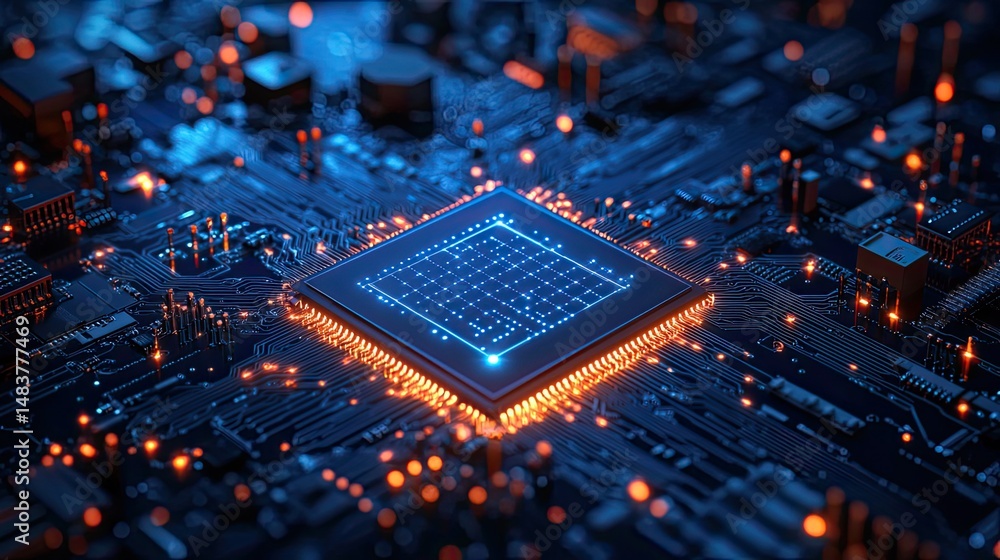 Poster a close up of a computer chip with blue and orange lights on a dark circuit board background design 