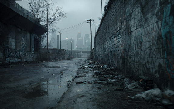 dark urban alley with graffiti covered concrete walls and littered ground in rainy weather showing signs of decay and neglect in industrial cityscape with distant skyline - Powered by Adobe