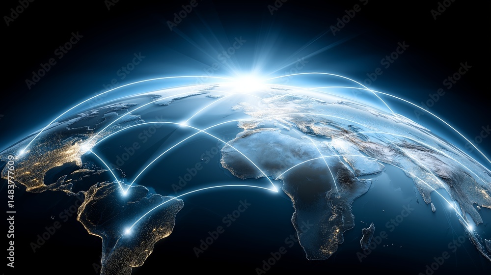 Poster Futuristic world map with glowing data lines representing global communication and data exchange across continents, Generative AI