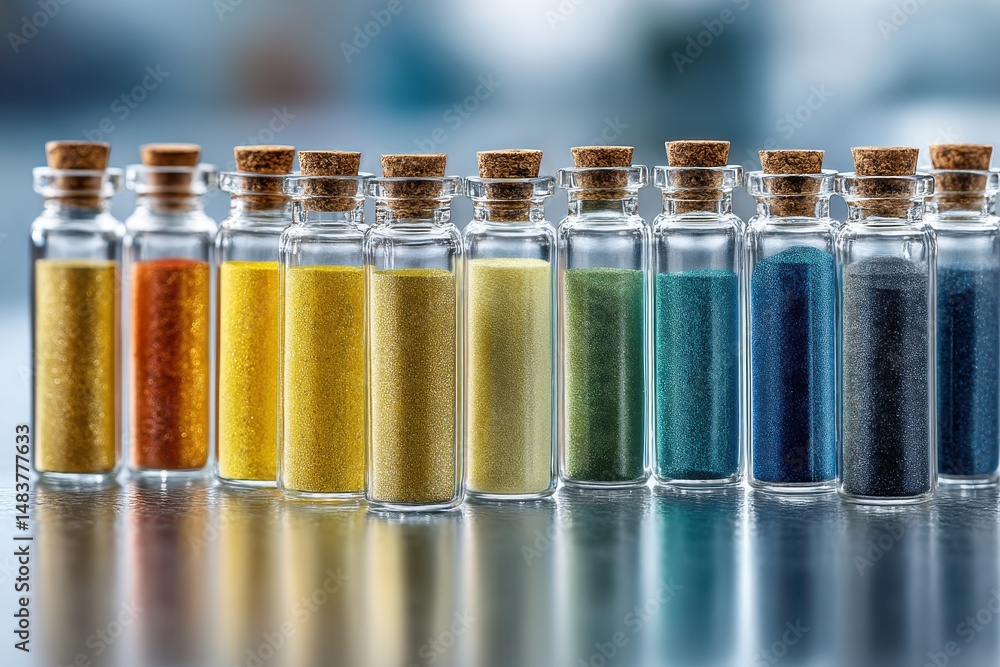 Poster a colorful gradient of sand in glass bottles with cork stoppers, creating a mesmerizing and artistic
