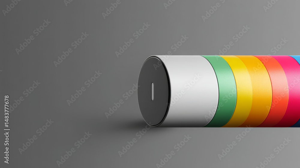 Poster a modern design of a colorfully layered cylindrical object on a gray background.