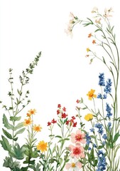 Vibrant floral border, a mix of colorful wildflowers and greenery arranged in a frame.  Detailed botanical illustration