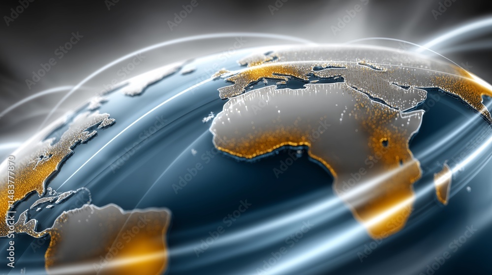 Poster Global digital map representing interconnected world with glowing network lines showing data exchange and communication paths, Generative AI