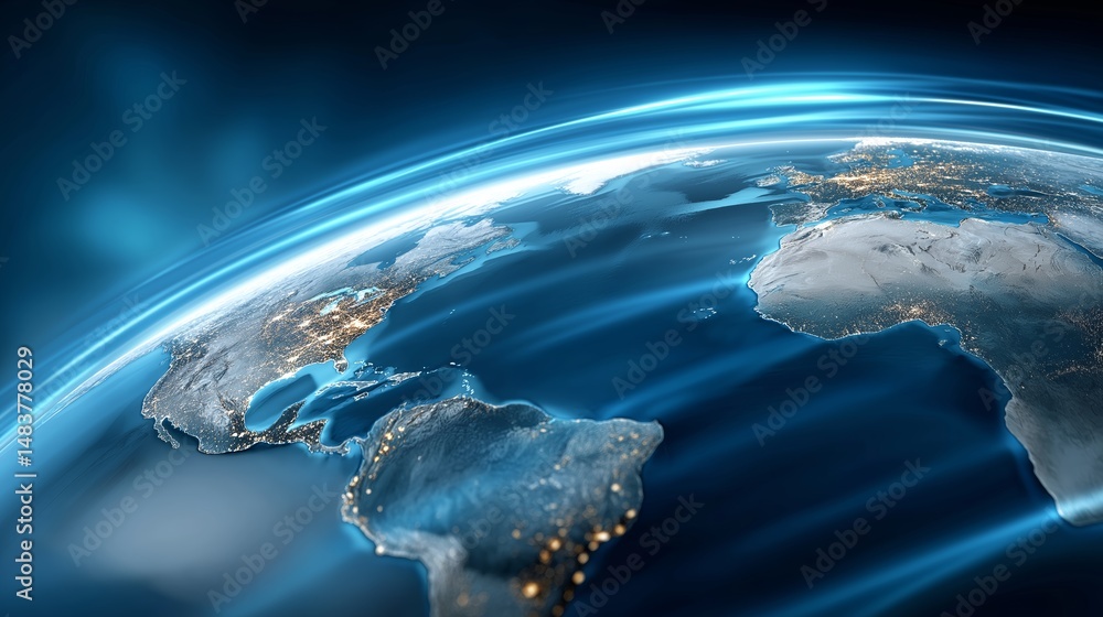 Poster digital earth with futuristic blue glow and technological data connections around the globe, generat