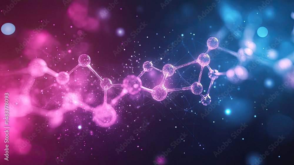 Poster a close up view of a molecule structure with pink and blue lighting and a dark background