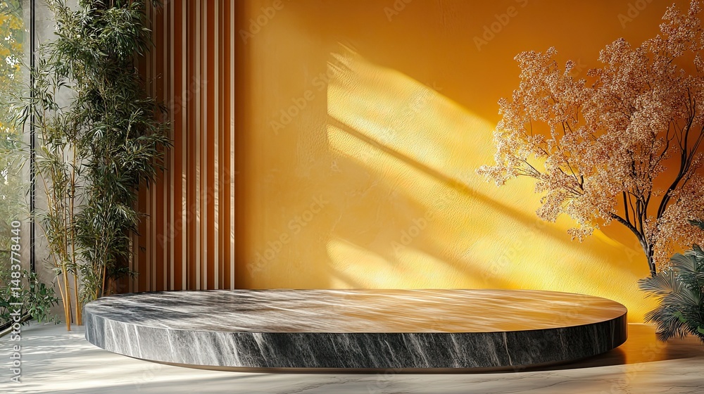 Poster a round marble platform with plants and a yellow backdrop illuminated by sunlight creating a serene 