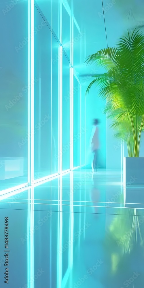 Poster 青色の蛍光灯が特徴的な現代的な廊下デザイン 植物とミニマルな美学が融合