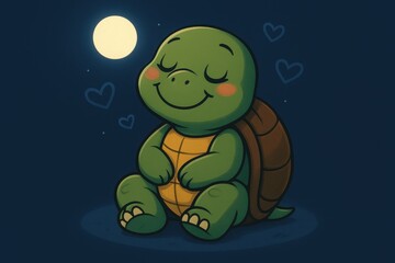 Dreamy cartoon turtle sitting under an invisible moonlit sky, surrounded by invisible hearts, soft illustration on a light green background