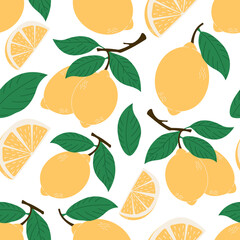 Seamless vintage pattern with yellow lemons, green leaves, and slices. Hand-drawn citrus fruit design perfect for fabric, wrapping paper, or kitchen decor.