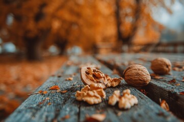 Close-up of walnuts and autumn leaves on a rustic wooden bench with soft autumn background, creating a seasonal and organic feel, rustic charm.
