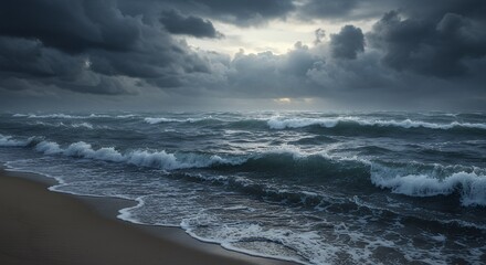 Stormy ocean beach seascape
