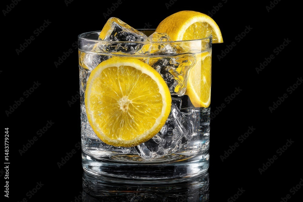 Poster a refreshing glass of sparkling water filled with ice and juicy lemon slices on a sleek black reflec