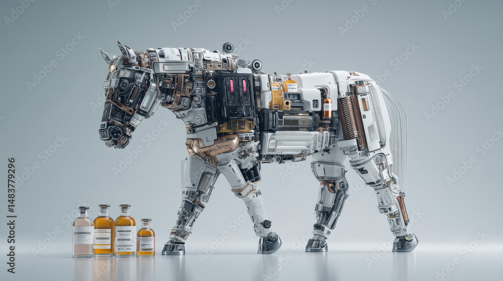 Poster a robotic horse with mechanical features and potion bottles, showcasing advanced technology.