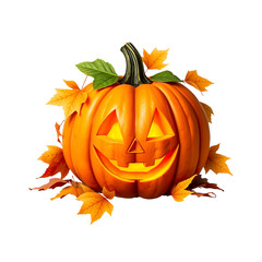 Pumpkin with carved happy face and autumn leaves, realistic PNG. 