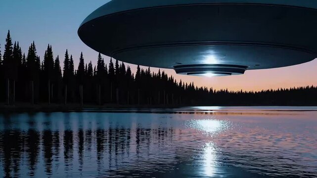 UFO gliding above a calm forest lake during twilight, perfect for science fiction themes.