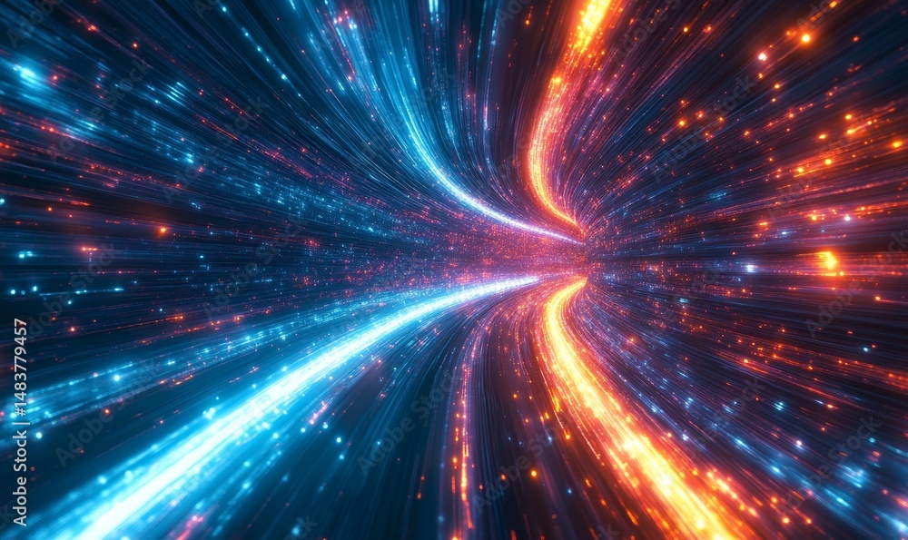Poster futuristic illustration of colorful light trails with motion blur effect. sci-fi sf space. generativ
