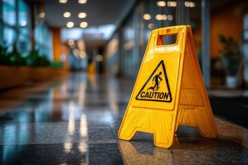 A vibrant yellow caution sign standing on a wet floor with a blurred background, warning of slippery conditions, preventing accidents in a modern interior space.