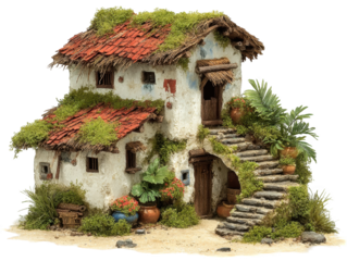 Charming miniature house with red tile roof and lush greenery isolated on transparent background