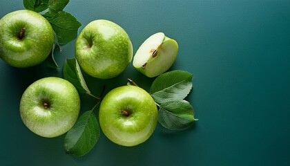 Obraz premium fresh green apples with leaves on a black background