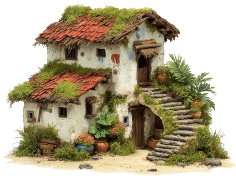 Charming miniature house with red tile roof and lush greenery isolated on transparent background