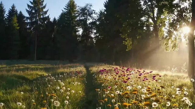 Golden sunlight filtering through trees onto a peaceful meadow filled with wildflowers.