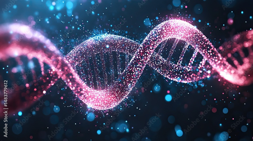 Poster a digitally rendered dna strand with pink and blue particles on a dark background with bokeh effect