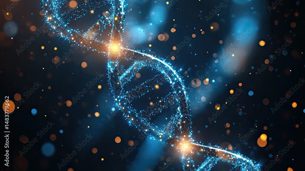 Poster glowing dna strand helix structure with blue and orange bokeh lights on a dark background design