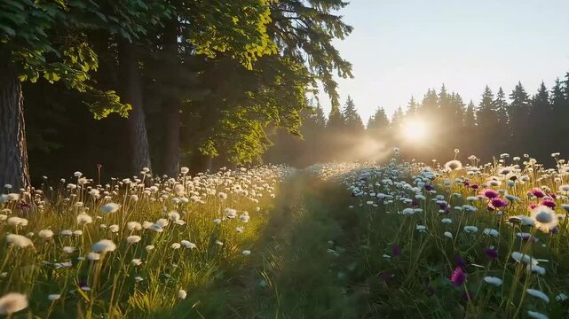 Sunlight dances through a field of wildflowers and trees, capturing a soft golden hour glow.