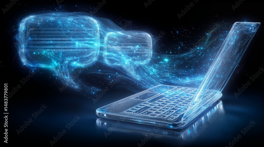 Aufkleber Glowing holographic laptop with flowing binary code and chat bubble representing digital communication and virtual messaging, Generative AI
