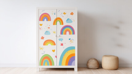 Child’s room with hand-painted wardrobe, naive doodles, bright rainbow colors, soft toys on shelves, white walls, cheerful and playful vibe