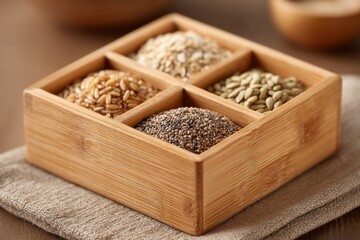 An assortment of superfoods in a wooden box, showcasing a variety of healthy grains, seeds and cereals on a natural linen cloth with a warm, inviting tone.