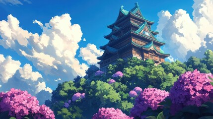 A serene landscape features a traditional pagoda nestled among vibrant purple flowers under a bright blue sky, This image can enhance projects related to nature, culture, architecture, or tranquility