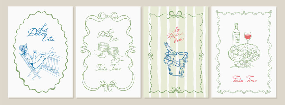 Hand drawn la dolce vita vintage posters. Italian summer vacation whimsical cards with wine, food, woman. Ink sketch style vector illustration for poster, placard, print, stamp, card, party invitation
