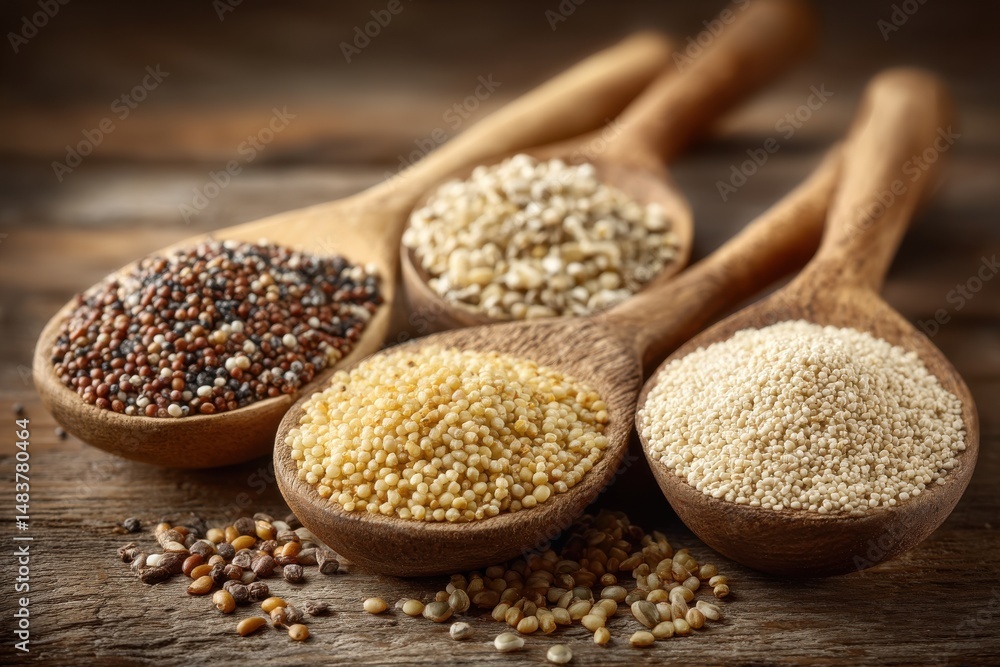 Poster a rustic arrangement featuring wooden spoons filled with an assortment of colorful quinoa grains, cr