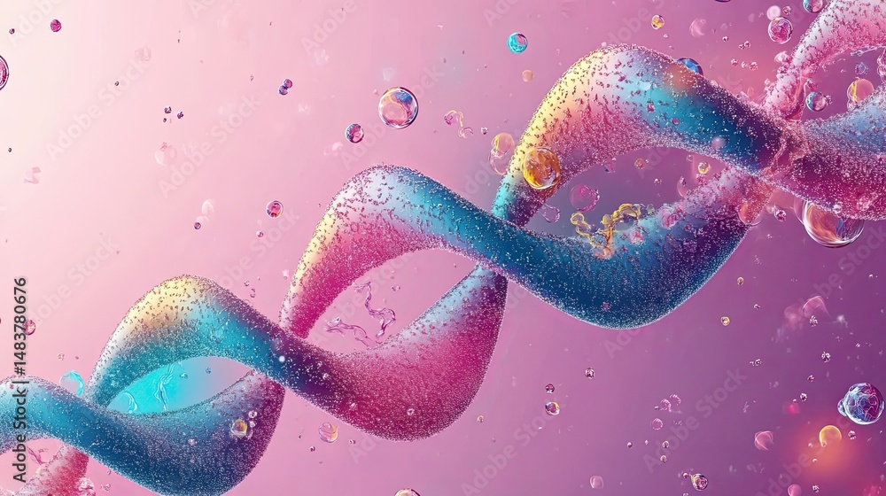 Poster abstract dna strand with bubbles floating in a pink and purple liquid gradient background image art