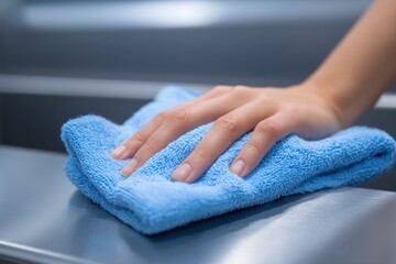 Close-up of a woman's hand cleaning a stainless steel surface with a blue microfiber cloth, ensuring a spotless and hygienic environment for daily living.
