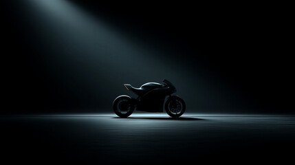 A sleek motorcycle illuminated in a dramatic spotlight against a dark background.