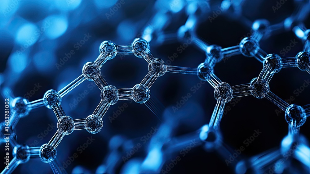 Poster close up of a blue molecule structure with interconnected spheres and lines on dark background