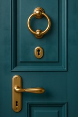 Obraz premium Elegant Teal Wooden Door with Gold Handle and Knocker – Vertical Close-Up.