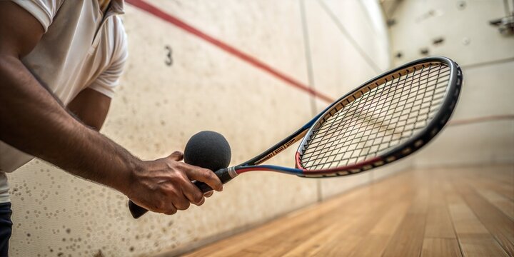Close-up of Squash Racket and Ball in Hand 