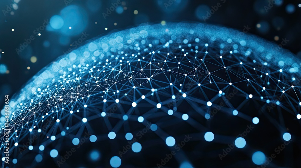 Poster abstract network globe with connected dots and lines in shades of blue on a dark background