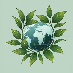 Illustration of Earth surrounded by green leaves, eco-friendly concept, nature-inspired design, copy space
