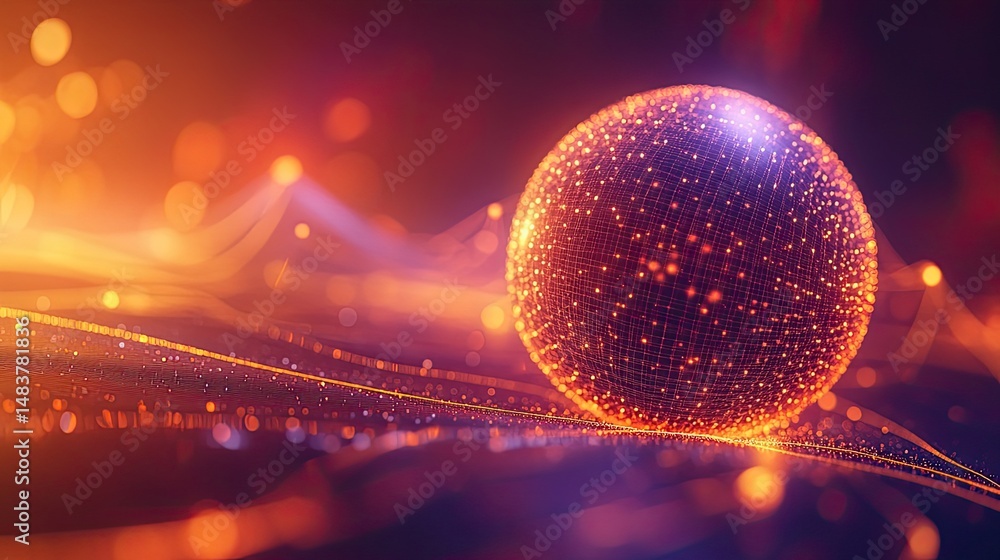 Poster illuminated sphere with network connections on abstract blurred background with orange and purple hu