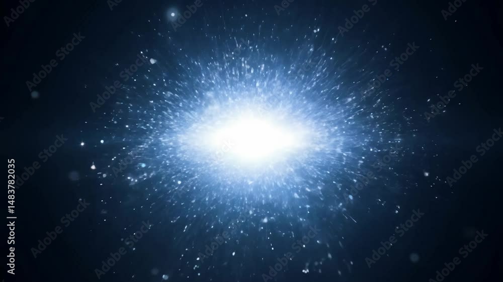 Poster static video: a point of light explodes in a brilliant flash creating a shockwave, fading quickly to