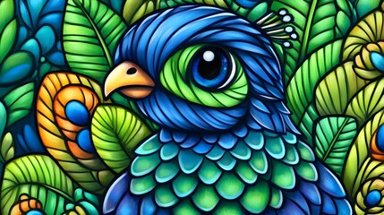 Naklejka premium Vibrant Peacock Portrait Stylized Bird Art Tropical Leaves