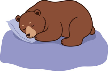 Brown bear sleeping peacefully on blue pillow simple cartoon animal vector illustration 